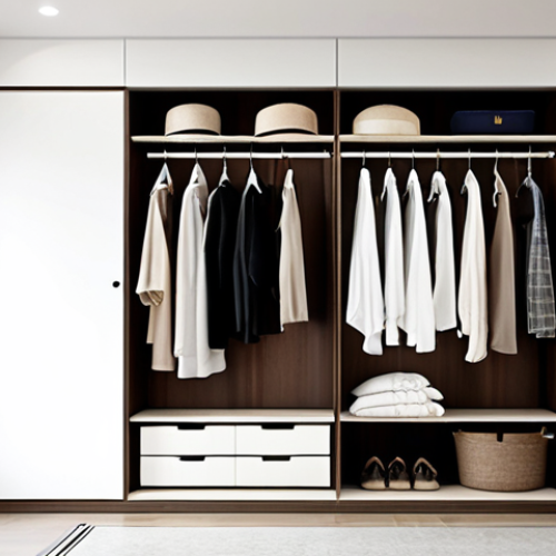 A minimalist wardrobe with carefully selected clothes, emphasizing quality over quantity. Focus on neutral colors and versatile items, reflecting a mindful approach to consumption in a modern Vietnamese apartment setting.