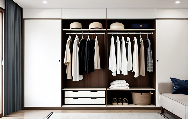 A minimalist wardrobe with carefully selected clothes, emphasizing quality over quantity. Focus on neutral colors and versatile items, reflecting a mindful approach to consumption in a modern Vietnamese apartment setting.