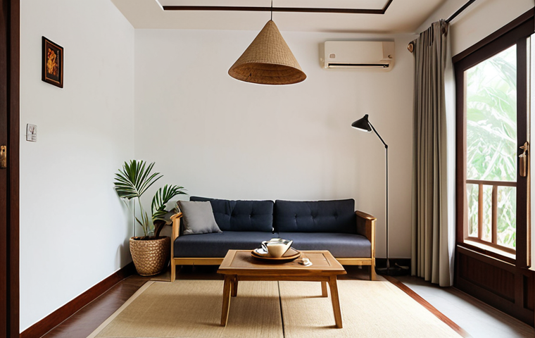 ** A cozy, minimalist apartment in Vietnam. Focus on decluttered spaces, natural light, and a sense of calm. Subtle hints of Vietnamese culture should be incorporated (e.g., a traditional conical hat as decoration, a simple tea set). The overall feeling is peaceful and serene, reflecting the benefits of a minimalist lifestyle.

**