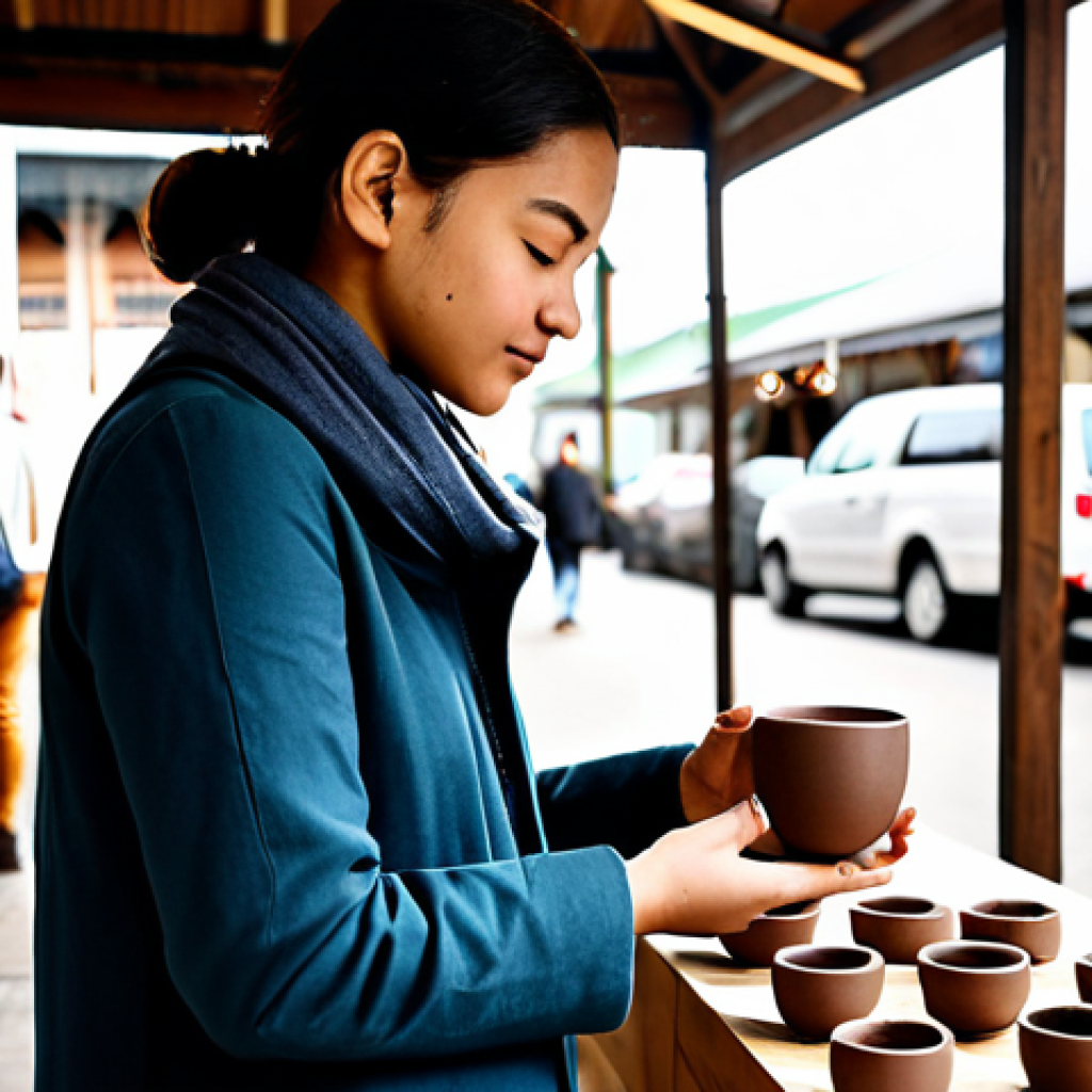 A young professional, ethnically diverse, dressed in a modest and smart-casual outfit, carefully examining a beautifully handcrafted ceramic cup at a modern, well-lit artisan market stall. The market is clean and organized, showcasing high-quality, sustainable goods with natural light. The person holds the cup with perfect anatomy, well-formed hands, and natural body proportions, reflecting a thoughtful consideration for quality over quantity. The atmosphere is calm and appreciative of craftsmanship. Safe for work, appropriate content, fully clothed, professional photography, high quality, correct proportions, natural pose, modest clothing.