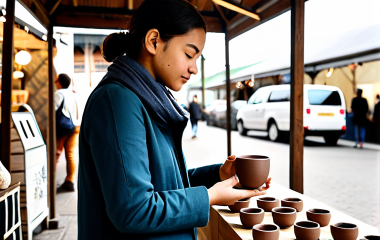 A young professional, ethnically diverse, dressed in a modest and smart-casual outfit, carefully examining a beautifully handcrafted ceramic cup at a modern, well-lit artisan market stall. The market is clean and organized, showcasing high-quality, sustainable goods with natural light. The person holds the cup with perfect anatomy, well-formed hands, and natural body proportions, reflecting a thoughtful consideration for quality over quantity. The atmosphere is calm and appreciative of craftsmanship. Safe for work, appropriate content, fully clothed, professional photography, high quality, correct proportions, natural pose, modest clothing.