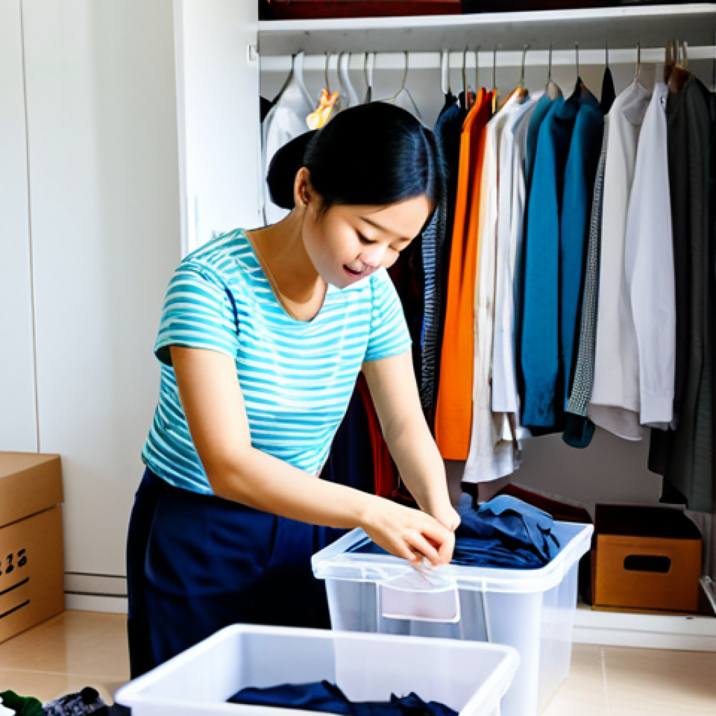 **
A person organizing their wardrobe, sorting through clothes with a thoughtful expression. Many items are neatly folded in boxes and containers. Background is a bright, minimalist room in a Vietnamese home. Safe for work, appropriate content, fully clothed, modest clothing, family-friendly, professional photography, perfect anatomy, correct proportions, natural pose, well-formed hands, proper finger count.
**