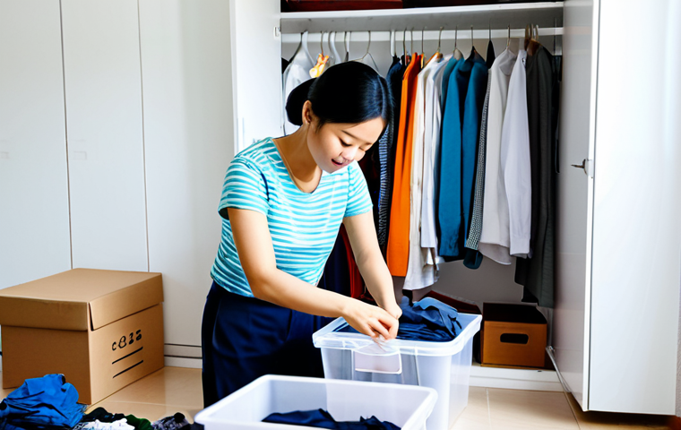 **
A person organizing their wardrobe, sorting through clothes with a thoughtful expression. Many items are neatly folded in boxes and containers. Background is a bright, minimalist room in a Vietnamese home. Safe for work, appropriate content, fully clothed, modest clothing, family-friendly, professional photography, perfect anatomy, correct proportions, natural pose, well-formed hands, proper finger count.
**