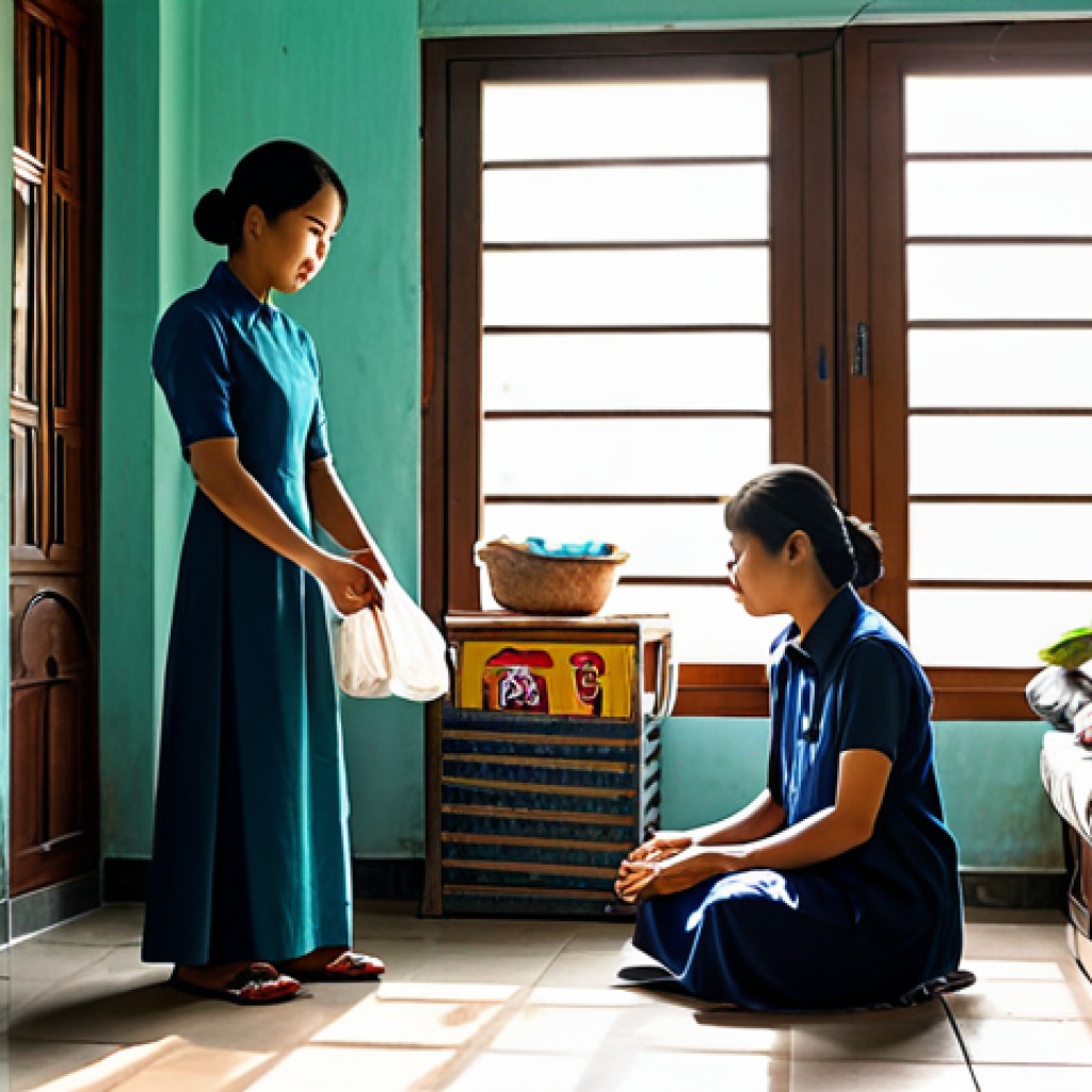 미니멀리즘 경제학과 생태 경제학 - A Vietnamese family in modest clothing, decluttering their home in Hanoi, donating items to charity,...