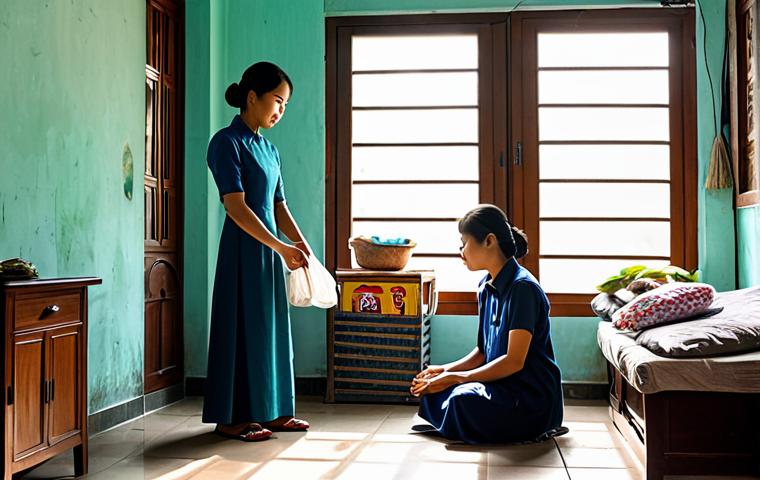 미니멀리즘 경제학과 생태 경제학 - A Vietnamese family in modest clothing, decluttering their home in Hanoi, donating items to charity,...