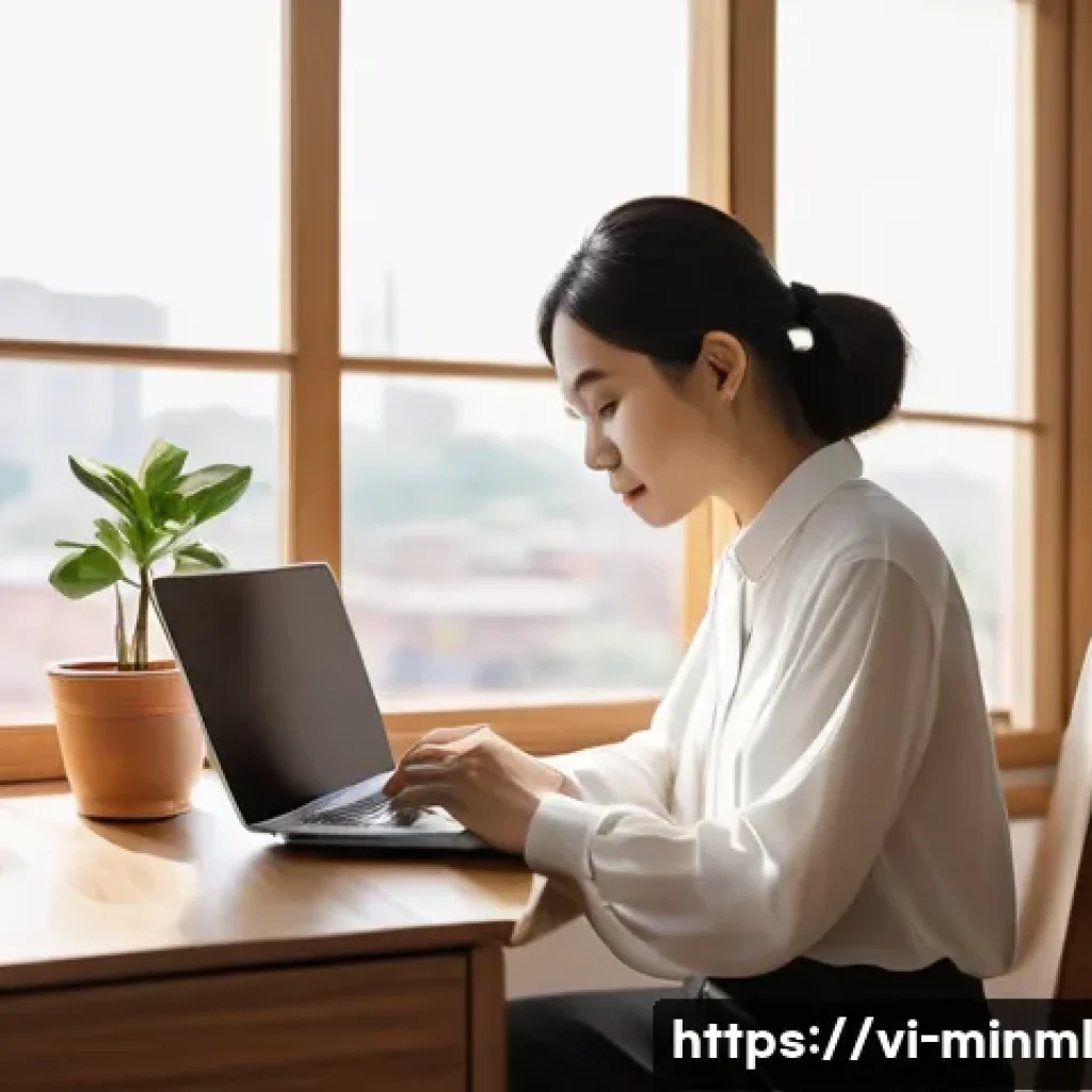 미니멀리즘 경제학과 행동 경제학 - A serene and organized minimalist workspace featuring a young Vietnamese woman, in her late 20s, min...