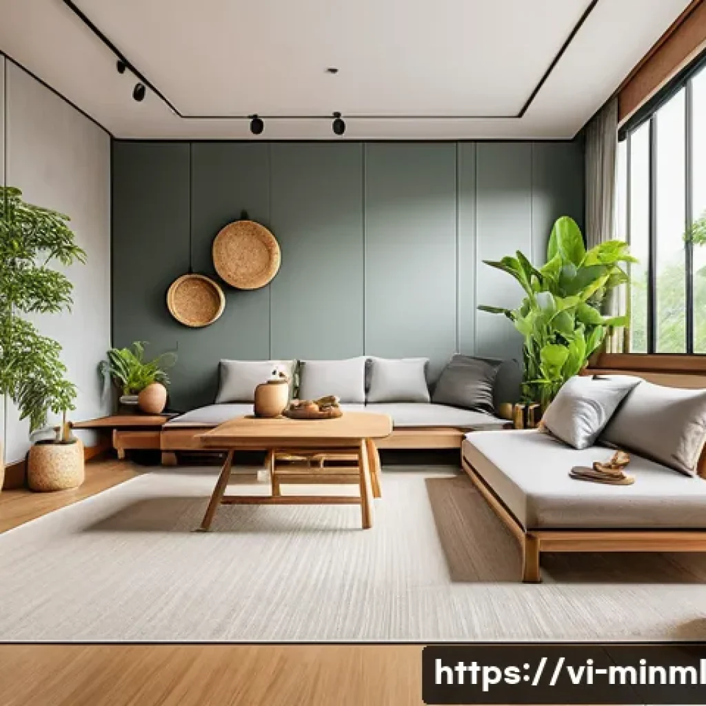 미니멀리즘 경제학의 실천적 사례 연구 - A cozy, minimalist Vietnamese home interior showcasing a neatly organized living space with simple, ...