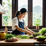 Home 21 미니멀리즘 경제학에서의 소비자 행동 - A cozy Vietnamese home kitchen scene with a young Vietnamese woman preparing a healthy meal, surroun...