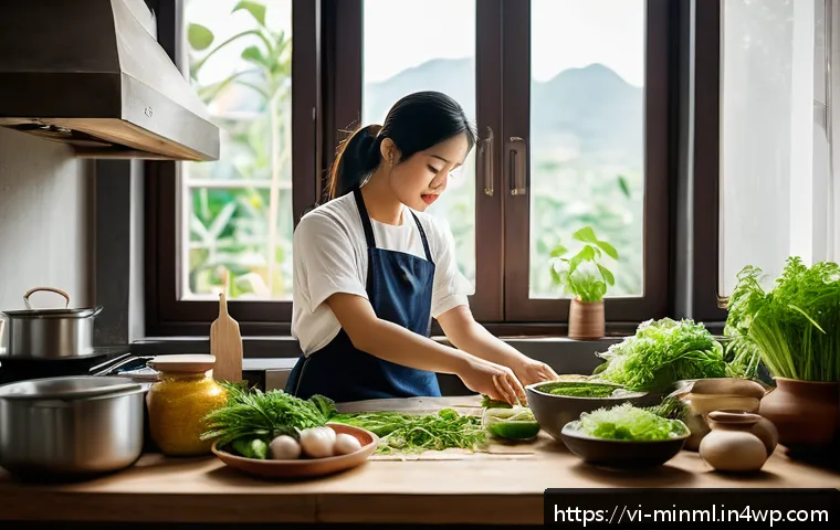 미니멀리즘 경제학에서의 소비자 행동 - A cozy Vietnamese home kitchen scene with a young Vietnamese woman preparing a healthy meal, surroun...