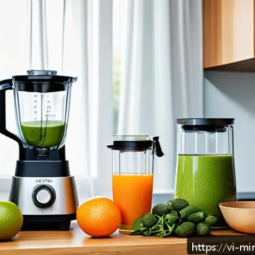 Home 32 미니멀리즘 경제학과 자원의 효율적 사용 - A cozy Vietnamese household kitchen scene featuring a modern multi-functional blender that can blend...