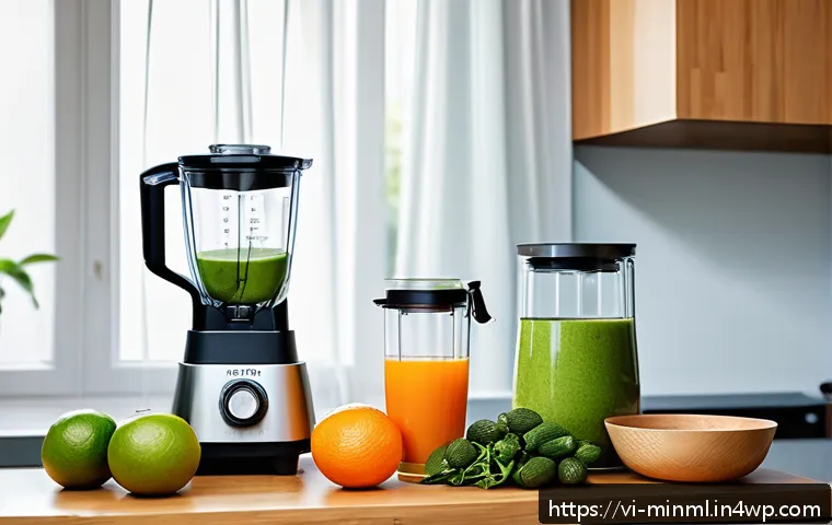 미니멀리즘 경제학과 자원의 효율적 사용 - A cozy Vietnamese household kitchen scene featuring a modern multi-functional blender that can blend...