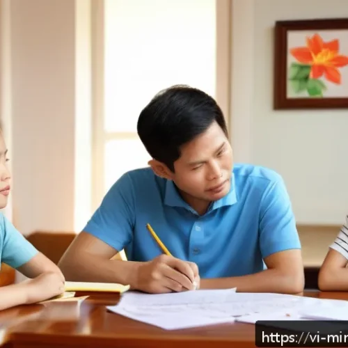 Home 31 미니멀리즘 경제학의 기본 원리 - A Vietnamese family sitting around a table in a cozy living room, thoughtfully budgeting their month...