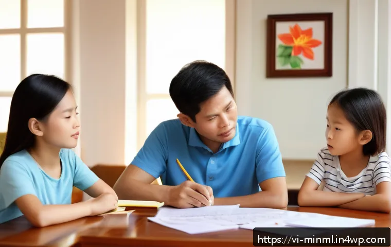 미니멀리즘 경제학의 기본 원리 - A Vietnamese family sitting around a table in a cozy living room, thoughtfully budgeting their month...