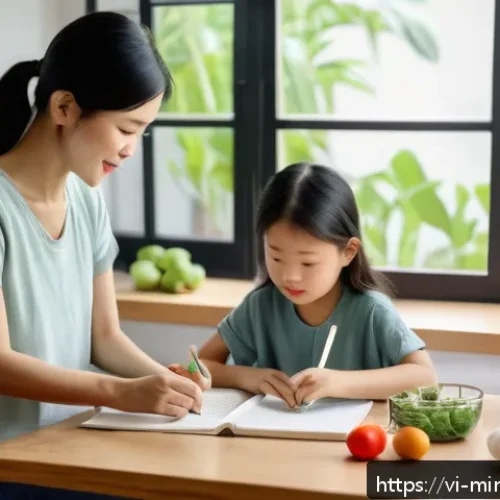 Home 17 미니멀리즘 경제학과 환경 문제 - A Vietnamese family in a modest, cozy home setting practicing minimalist lifestyle: a mother and fat...