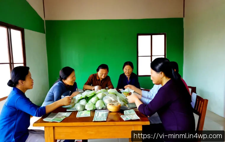 Home 17 미니멀리즘 경제학과 커뮤니티의 역할 - Photorealistic morning scene in a modest Vietnamese community hall, a diverse group of adult neighbo...